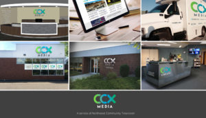 CCM Media branding assets including signage, vehicle decals, and window signage