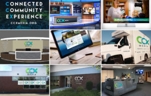 CCX Media branding usage including website, on air signage and lower thirds, website, vehicle decals, windows, and building signage