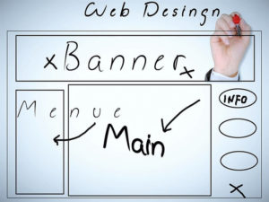 Hand-drawn website layout sketch labeled with "Banner," "Menu," "Main," and "Info" sections, with a hand holding a red marker.