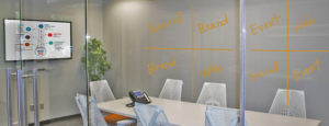 conference room with writing on it