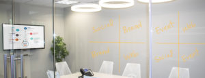 conference room glass wall with writing on it