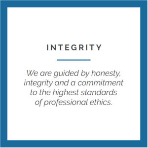 Integrity: We are guided by honesty, integrity and a commitment to the highest standards and professional Ethics