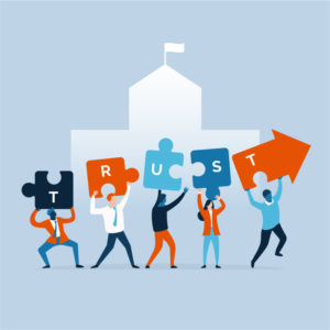 People working together to put trust puzzle pieces together illustration