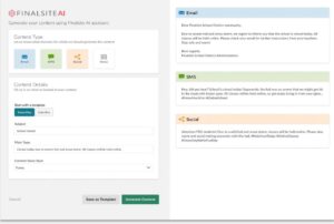 Screenshot of Finalsite AI drafting content for email, SMS and social platforms