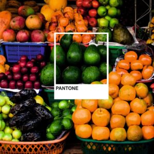 Pantone swatch outline overlayed on top of fruit display